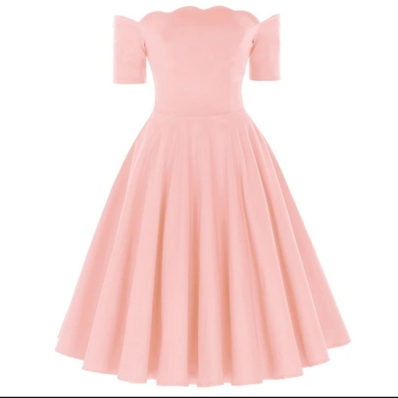 Belle Poque Retro Vintage Short Sleeve Off Shoulder Swing Dress in Pink Size S - Picture 1 of 9